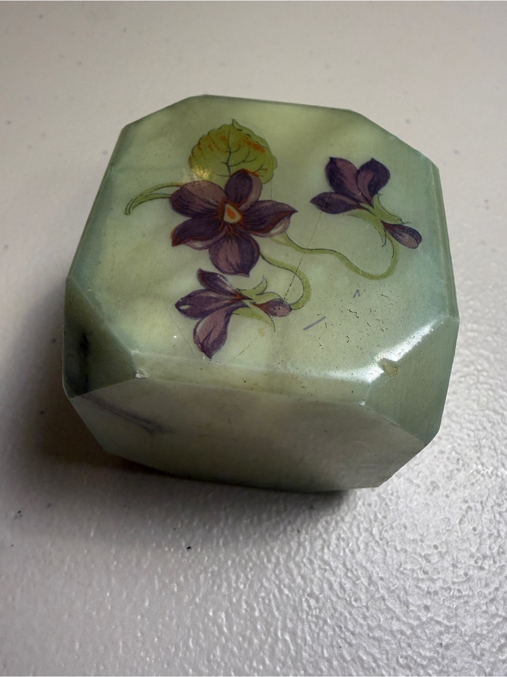 Vintage Italian Hand Carved Green Alabaster Paperweight Painted Violets Floral